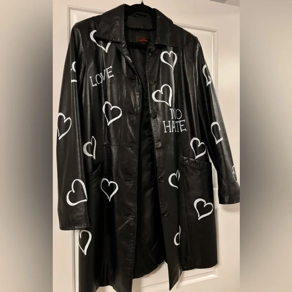 Danier Black Leather Jacket with White Heart Motifs - Picture 3 of 8